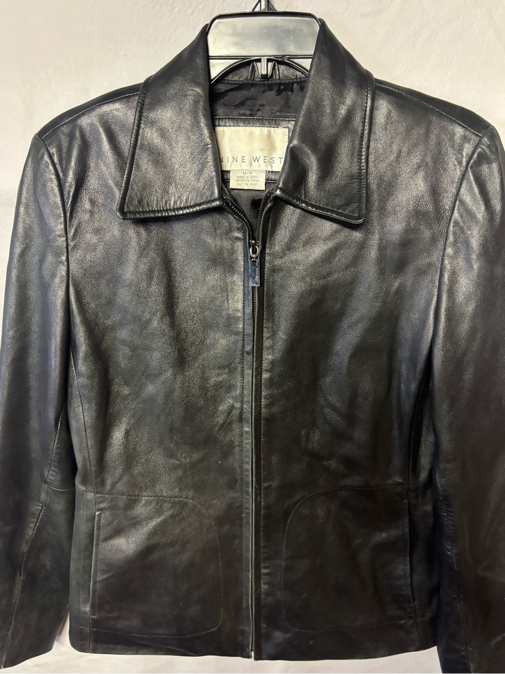Nine West Womens Black Leather Zip-Front Jacket
